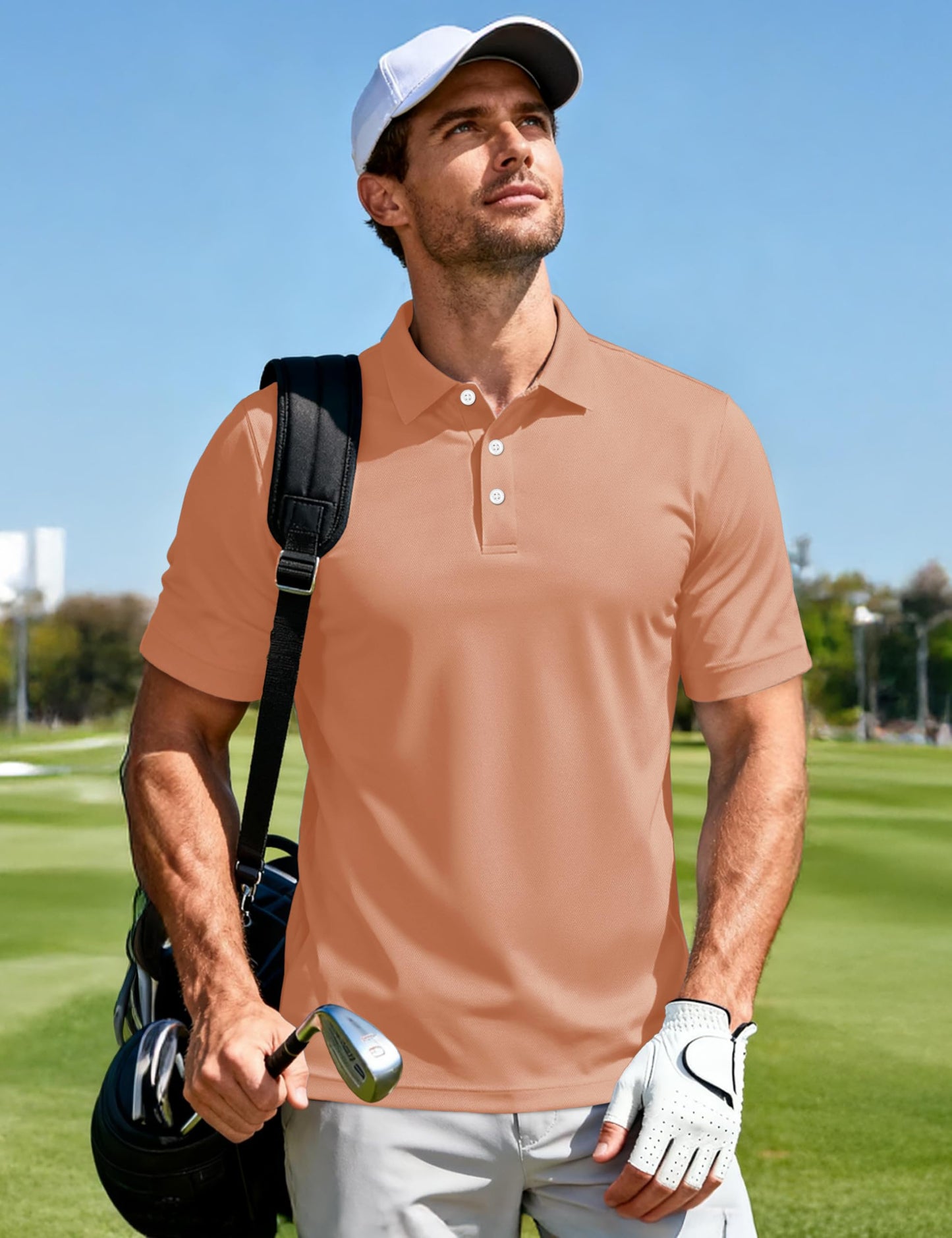 MAGCOMSEN Mens Polo Shirts Short Sleeve Athletic Pique Golf Shirt Dry Fit Performance Casual Work Polos for Men Apricot