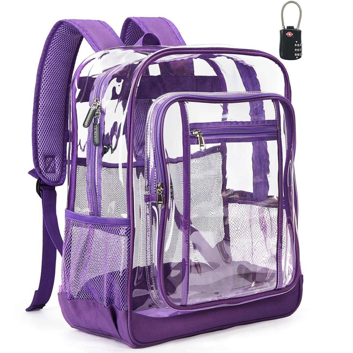 Vorspack Clear Backpack Heavy Duty - Extra Large Clear Backpacks with TSA Lock Transparent See Through Bookbag for School, Work, College, Travel - Purple
