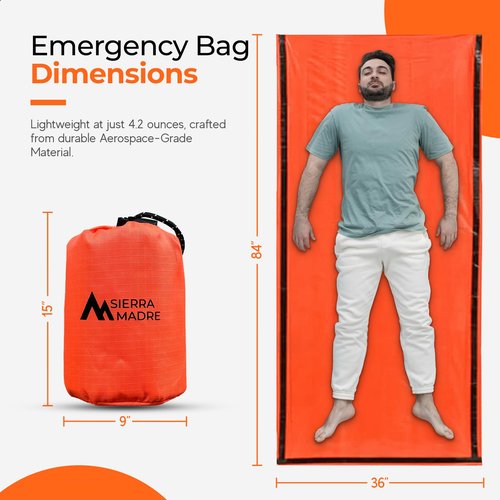 Sierra Madre Emergency Sleeping Bag – Ultralight, Waterproof Mylar Thermal Bivy Sack Tent for Hiking, Bug-Out Bags, Survival Kits – Emergency Survival Space Blanket for Heat Retention 2 Pack