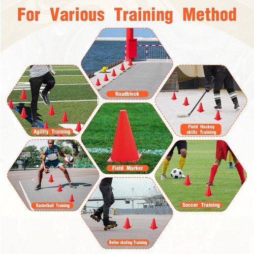 DIVINA VITAE 32Pcs Soccer Cones for Training, 7 Inch Sports Agility Cones Orange Plastic Traffic Cones with Mesh Drawstring Bag for Basketball Football Skating Drills Practice