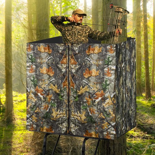 See Through Hunting Treestand Blinds, Four-sided Tree Stand Wrap Camo Blind Cover 2 Man Ladder Stand Blind Kit Visible Camouflage Blinds with Zipper Pocket Storage Bag for Deer Hunting, 142" x 35"