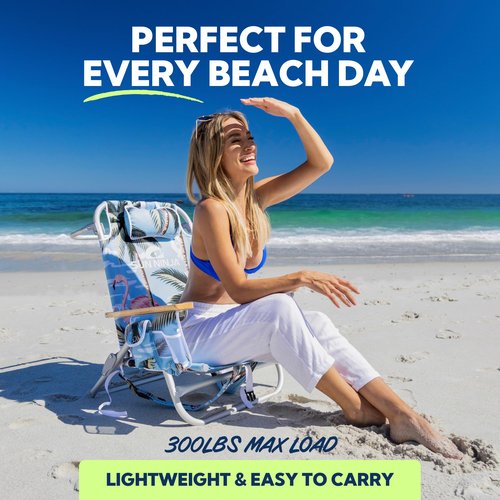 SUN NINJA Beach Chair – Folding Chair for Beach with 5 Reclining Positions, Cup & Phone Holder, Insulated Back Storage Pouch, Portable Lightweight Aluminum Frame - Navy Stripes - 2pc