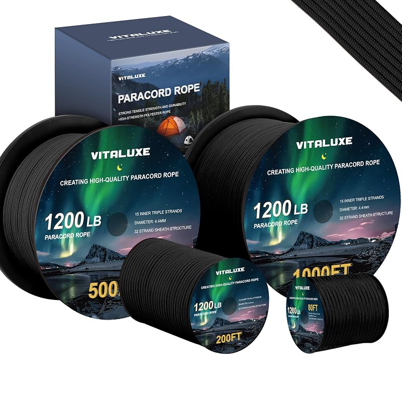 1200lb Paracord Rope 4.4mm 15-Strand Core with Spool, Variation: Black+80ft
