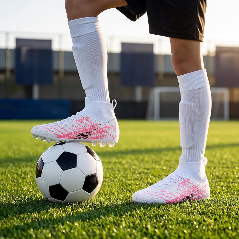 Unisex Soccer Cleats Lightweight No-Tie Lacing System - Pink/White 8.5 Women / 7 Men - Multi-Surface Football Shoes with Ankle Support