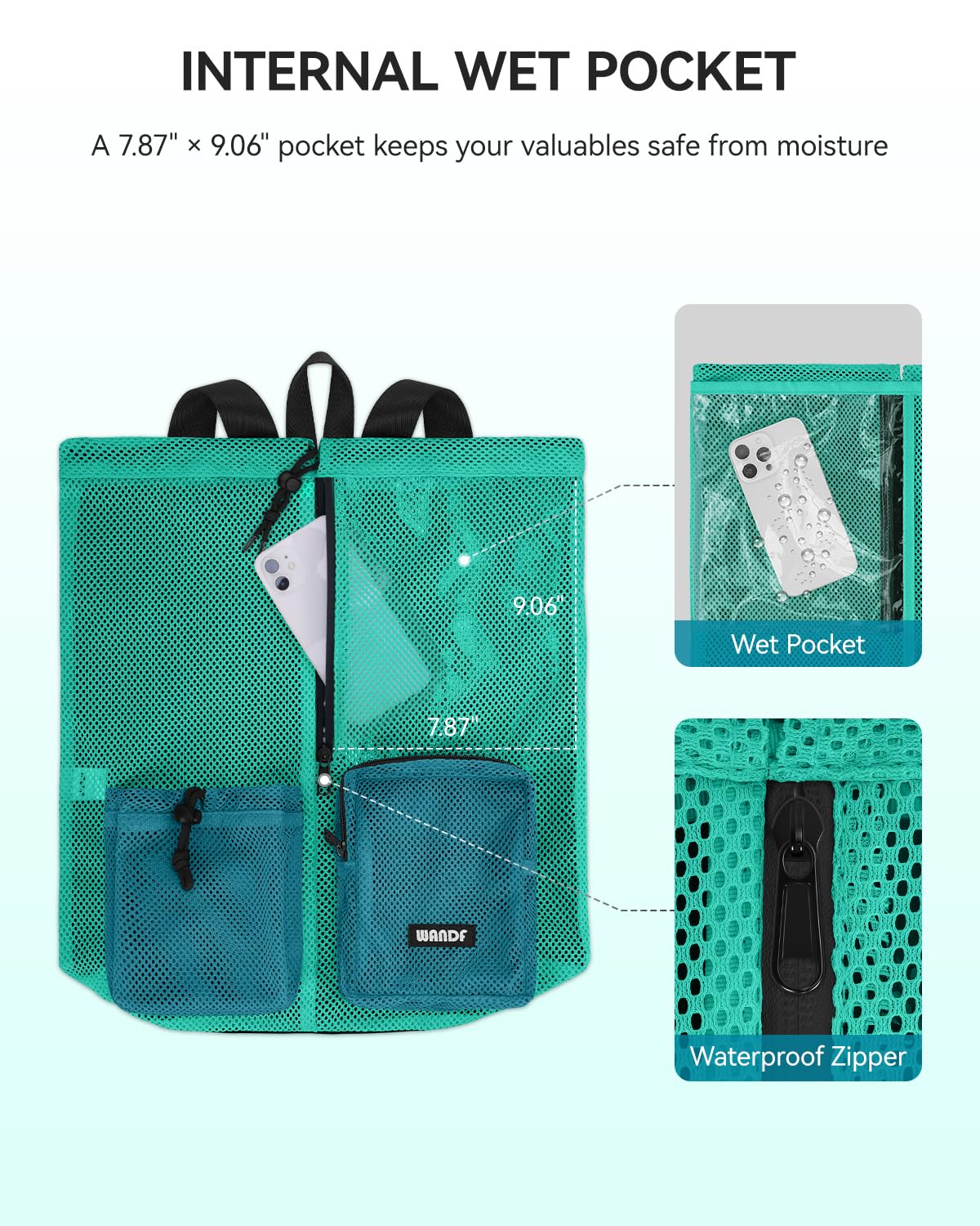 WANDF Swim Bag for Swimmers, Mesh Beach Backpack (L,Turquoise)