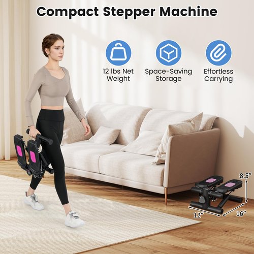 SPORFIT Mini Stair Steppers for Exercise at Home, Hydraulic Step Climber Machine with Resistance Bands & LCD Monitor, Portable Under Desk Stepper for Full Body Cardio Workout (Black)