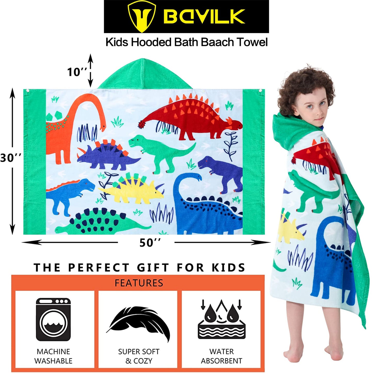 Bavilk Kids Bath Towels, Kids Towel Girls Boys Hooded Beach,Bathroom,Pool Swim Towels 30 × 50 INCH Large Size Ultra Absorbent Cute Cartoon Animal Full Vitality 100% Cotton Dinosaur Towel| Dino