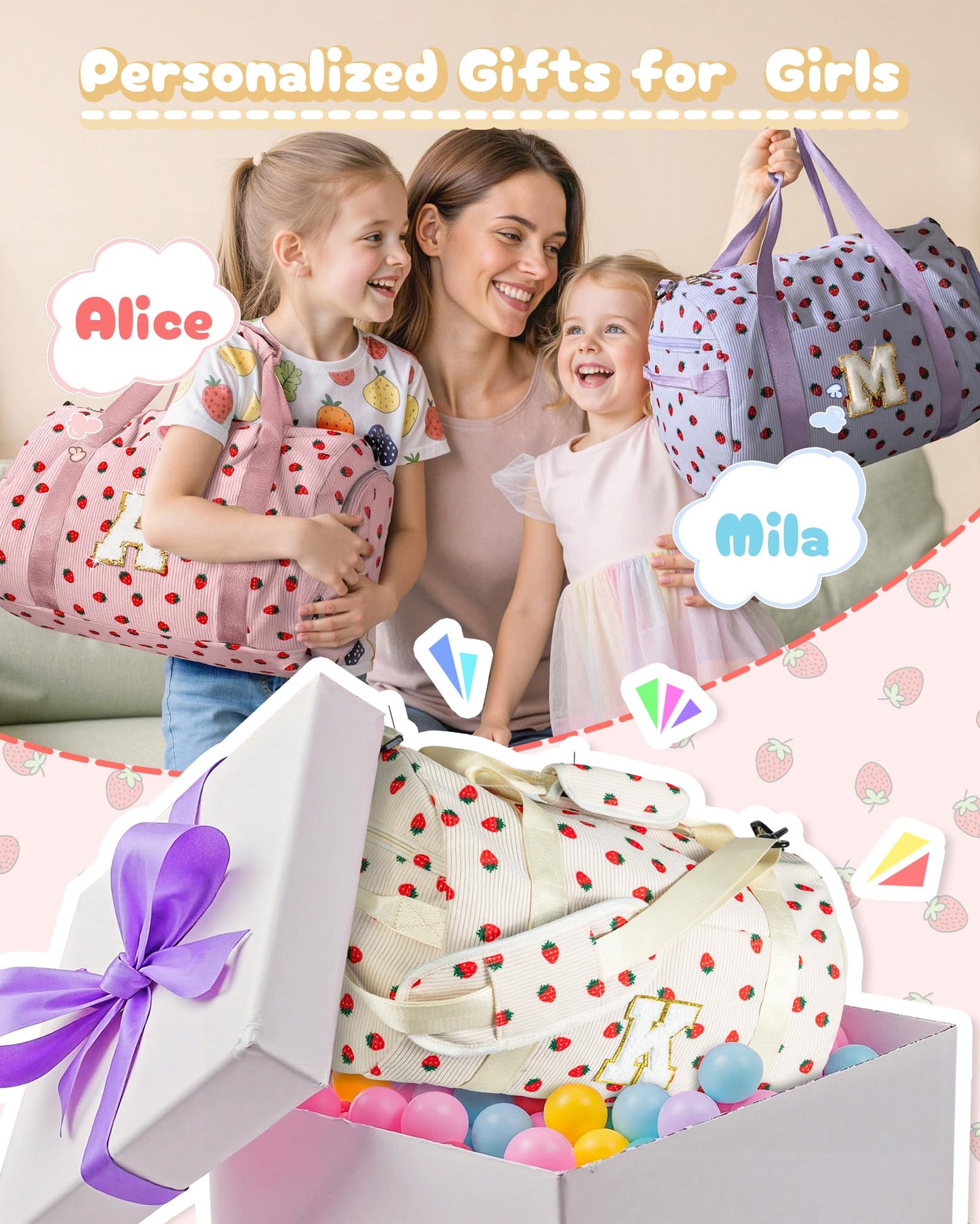 Vogewood Gift for Sporty Cheerleader Girl, Girls Gym Bag, Kids Personalized Dance Bags with Shoe Compartment, Customized Travel Duffle with Toiletry Bag, Party Favors for Teenager (Letter Y)