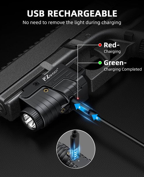 EZshoot 800 Lumens Pistol Light Laser Combo Rechargeable, Compact Pistol Flashlight with Slidable Rail Compatible with Glock and Picatinny Rail, Tactical Flashlight with Red Laser Beam