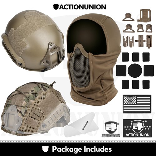 ACTIONUNION Airsoft Helmet and Mask Set Tactical Paintball Helmet and Balaclava Mesh Mask MH Type (Tan, Medium)