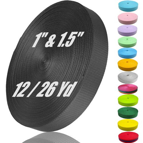 ADALT LION Nylon Webbing 1 Inch 1.5Inch Wide, Heavyweight Webbing Strap 12 Yard, Nylon Straps for Indoor or Outdoor DIY Gear Repair, Pet Collars, Crafts (Black, 1"-12Yard)