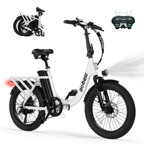 ACTBEST Electric Bike for Adults, Mars 20'' Fat Tire Folding Ebike with Peak 1200W Motor, 7 Speed 28MPH, 48V 499Wh Removable Battery Max Range 55 Miles, Foldable Electric Bicycle, White