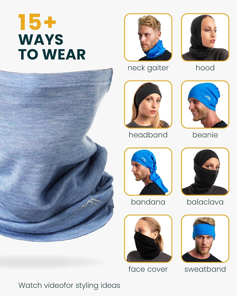 Merino 100% Wool Neck Gaiter Face Mask, 17.5µm, Unisex, 2 Pack - Black