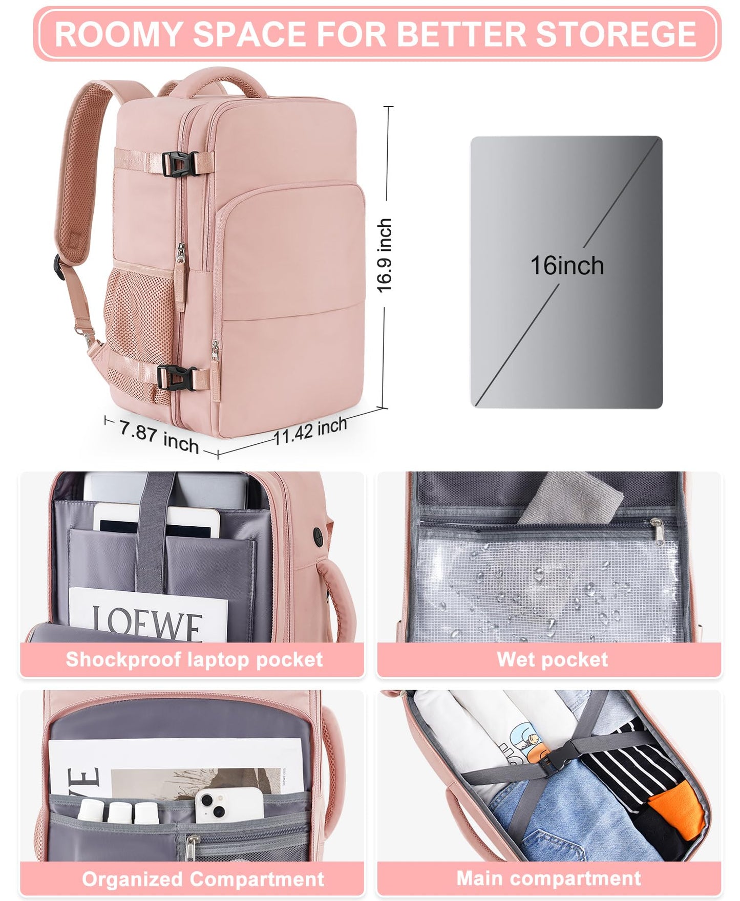 Beraliy Travel Backpack for Women Airline Approved Carry On Backpack, 16 Inch Business Work Backpack with Laptop Compartment, Airplane Personal Item Travel Bags for Trip, Underseat Weekend Bag, Pink