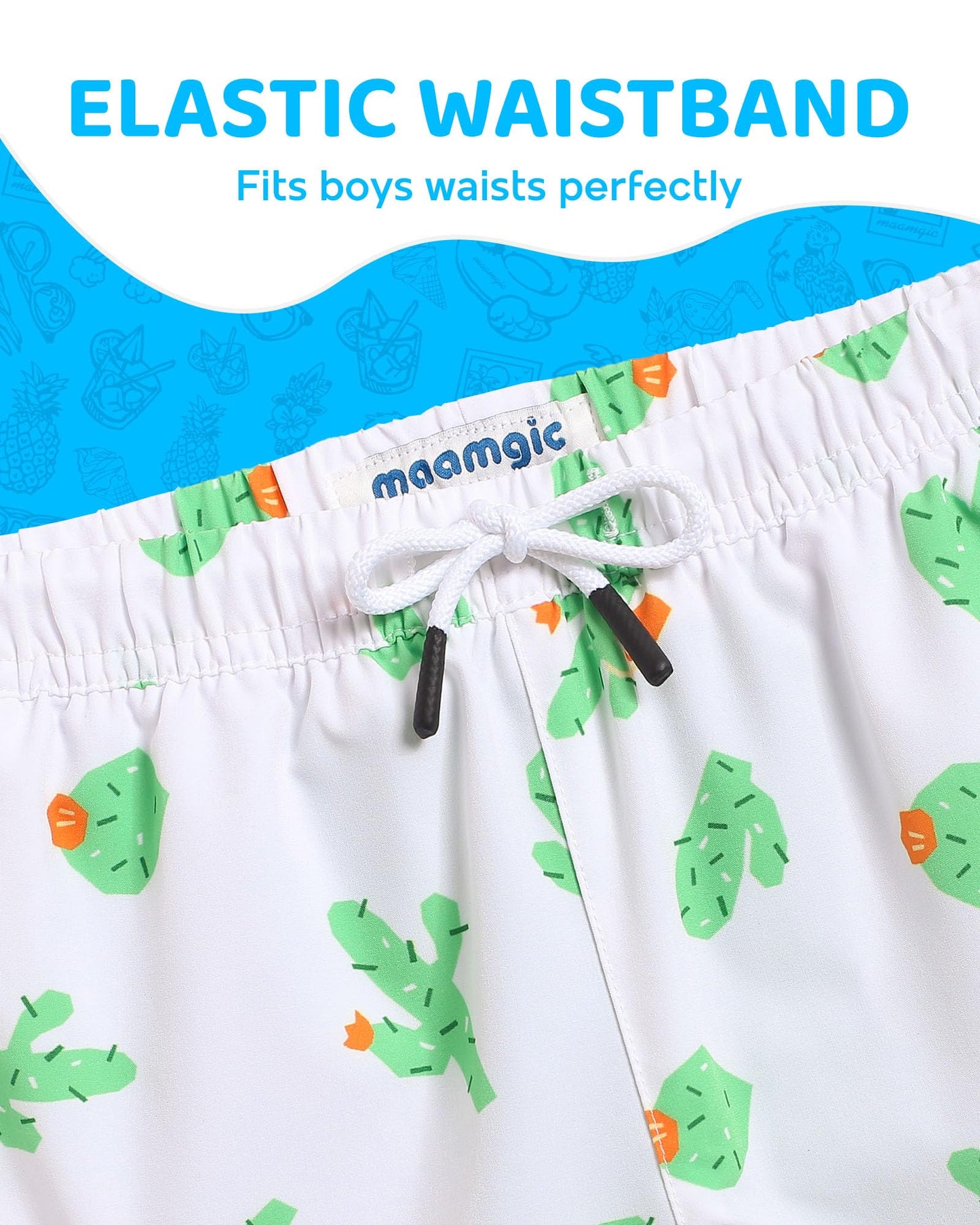 maamgic Boys Swim Trunks with Compression Liner Toddler Boy Swimsuit Quick Dry 4-Way Stretch Swimming Trunks Cactus White 2T