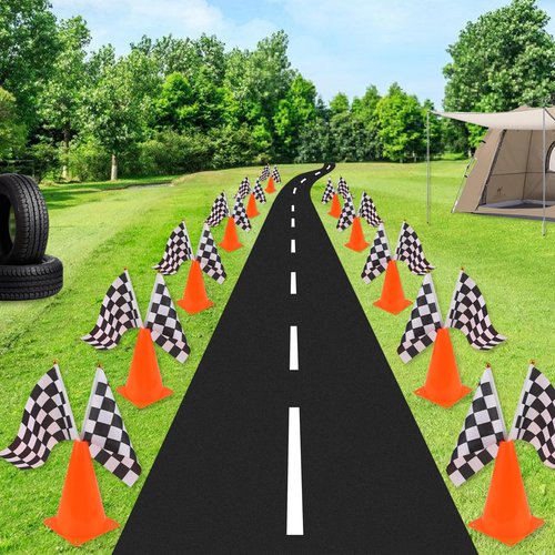 Mini Traffic Cones（With Hole on Top）with Racing Checkered Flags, Sports Safety Cones for Soccer Cones and Basketball Practice Equipment - Mini Orange Cones for Soccer Practice and Small Driving Practice Cones.Race Car Birthday Party Supplies, Kids Gift.