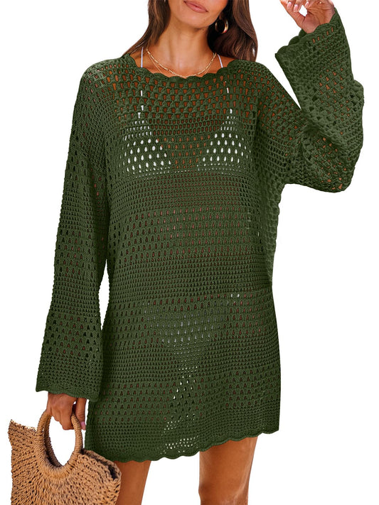 ANRABESS Women Swimsuit Crochet Swim Cover Up 2026 Summer Bathing Suit Swimwear Mesh Knit Beach Dress Vacation Outfits Army Green X-Large
