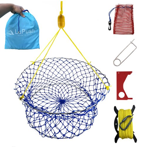 Crab Ring Trap – Collapsible Crab Net with 100ft Rope, Bait Bag, Clip & Ruler – 6 Pieces Portable Crab Trap for Easy Storage – Durable Grid Design for Dock & Pier Crabbing