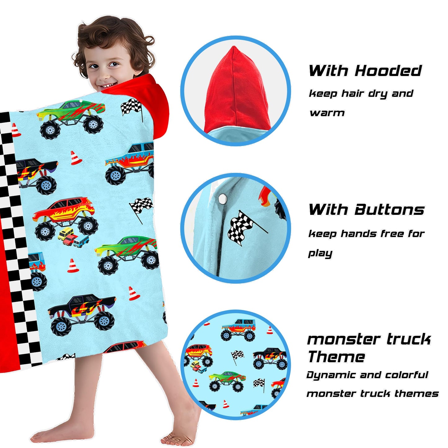 HSUIOFE Hooded Towels for Kids -Monster Toddler Beach Towel- Super Absorbent & Quick Dry 100% Cotton 30x50 Inch - to Kid Ages 3-10-Truck Cars Swim Towels