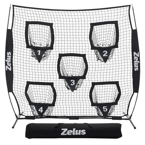 ZELUS 6 x 6ft Football Throwing Net, Quarterback Training Equipment with 5 Target Pockets, Football Practice Throwing Passing Accuracy Trainer with Carry Bag Ground Stakes, Black