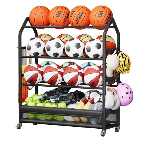 Homeiju Sports Equipment Organizer, Ball Storage Rack, Garage Sports Gear Rack with Wheels and Hooks, Indoor/Outdoor Shelf Rack for Sports Gear, Black