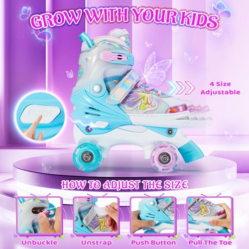 Girls Roller Skates, Butterfly Design 4 Size Adjustable Kids Roller Skates for Girls, Boy and Women, Fun Illuminating Toddlers Quad Skates for Beginners Youth Indoor Outdoor(Small, Pink Green)