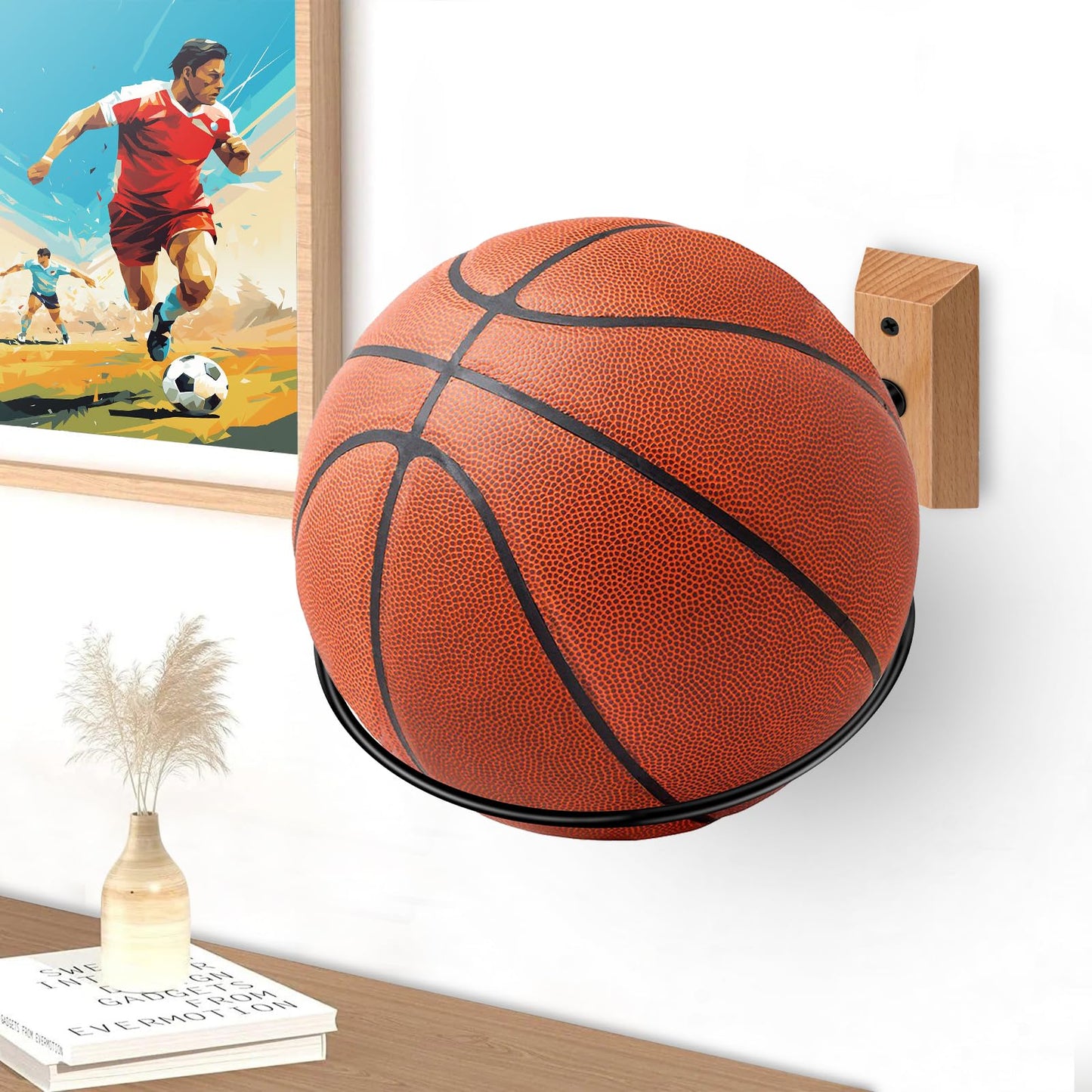 VIVTOB Basketball Holder Wall Mount, Holds Basketball, Football, Soccer Ball, Volleyball, Wall Mount Ball Holder for Room Decor, Sports Storage Stand (Beech Wood, 1 Pack)