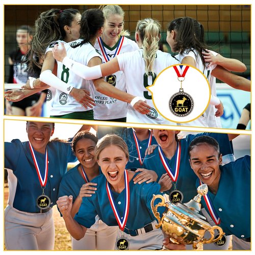 Ferreve 16 Pcs Greatest of All Time Champ Medal with Neck Ribbon Goat Pendant Medal Award Funny Recognition Football MVP Necklace Fantasy Sports Award for Tournament League Champion