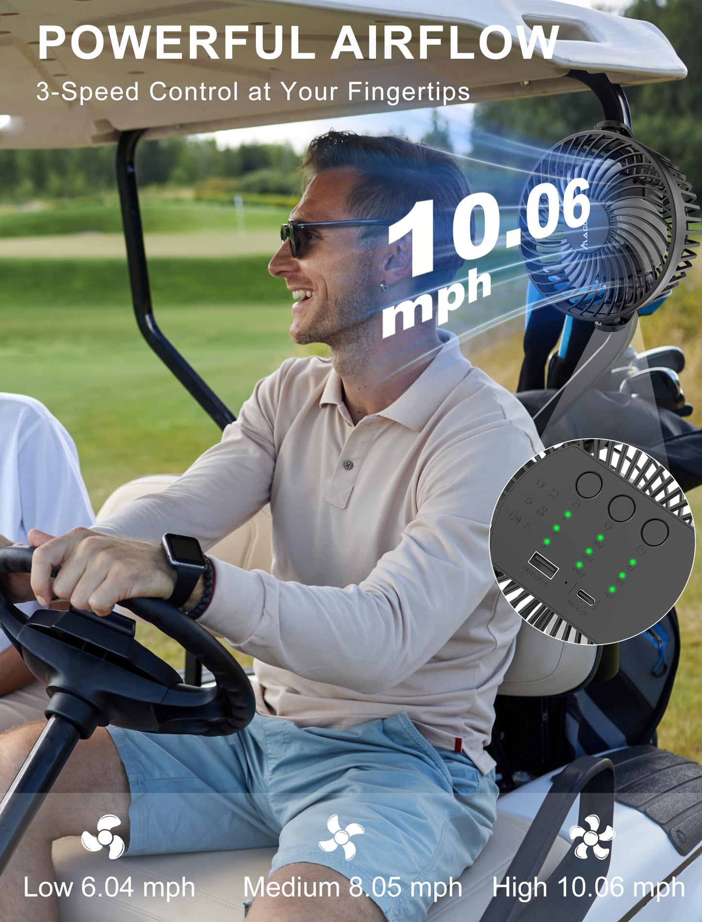 2-Pack Magnetic Golf Cart Fan Rechargeable, 12000mAH Battery Operated Portable Fan with 3 Speeds, LED Lantern, Magnetic Base, Suitable for EZGO Club Car Yamaha, Golf Cart & Cruise Ship Accessories