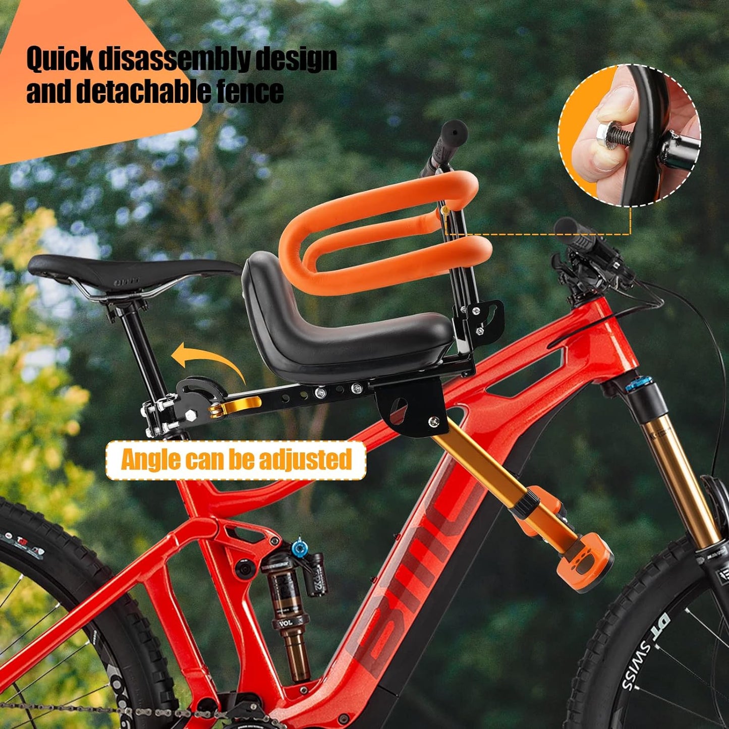 Kids Bike Seat with Handlebar Attachment, Detachable Front Mounted Child Bicycle Seats with Foot Pedals for Children 2~5 Years, Compatible with All Adult Mountain Bikes (Handle+Seat)