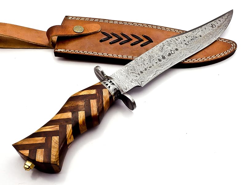 Damascus Fixed Blade Hunting Knife with Rosewood Handle & Leather Sheath – 15in Overall