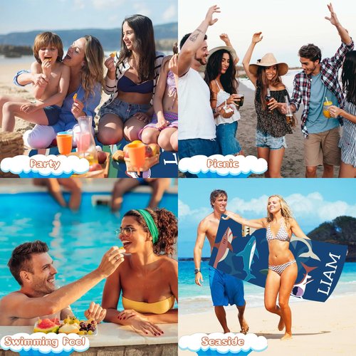 FPGIYXK Personalized Beach Towels Custom Monogrammed Beach Towels for Kids Adults with Names Absorbent Soft Sand Free Quick Dry Beach Vacation Essentials (Shark)