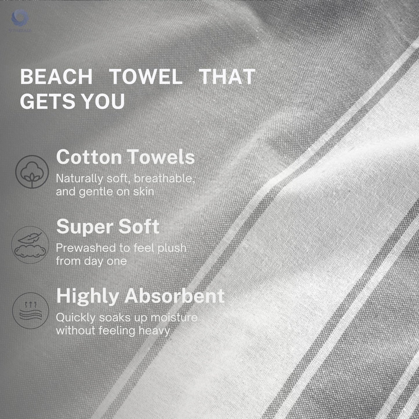 9Threads Cotton Turkish Beach Towel with Towels Oversized 36"x72" Pool Absorbent Extra Large Quick Dry Sand Travel Towel (Grey, 2 Pack)