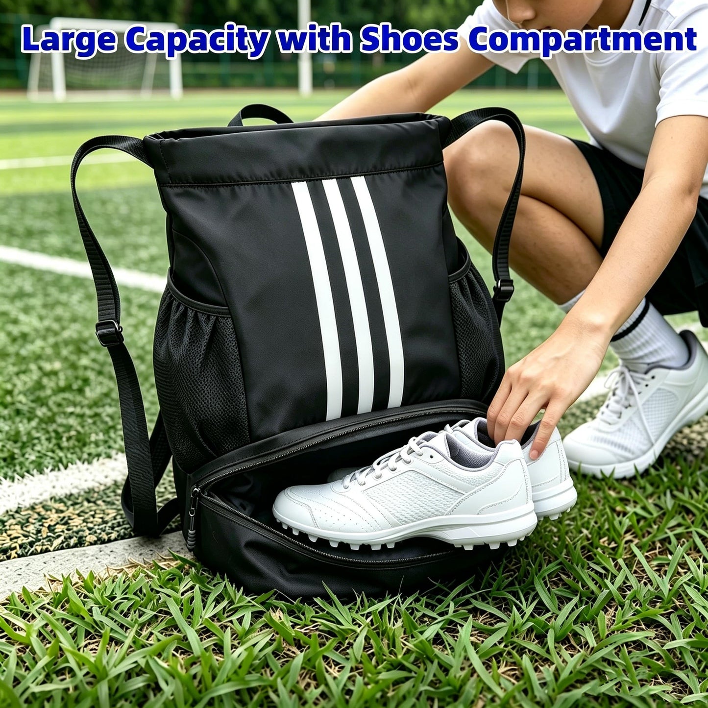 Champhox Soccer Bag, Youth Soccer Basketball Bag with Compartments Drawstring Backpack for Football Volleyball Gym Training (Black)