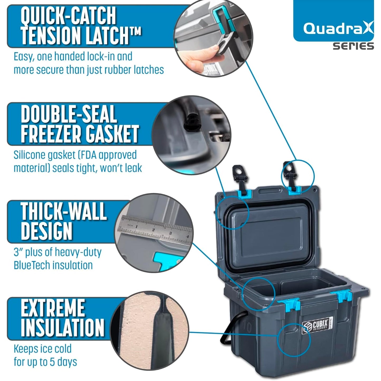 Cubix Outdoors, QuadraX 10QT Rotomolded Personal Small Cooler, Insulated Portable Hard Cooler Ice Chest, Holds Ice for 72 Hours for Outdoor Activities, 2 Built-in Cup Holders, Granite Grey