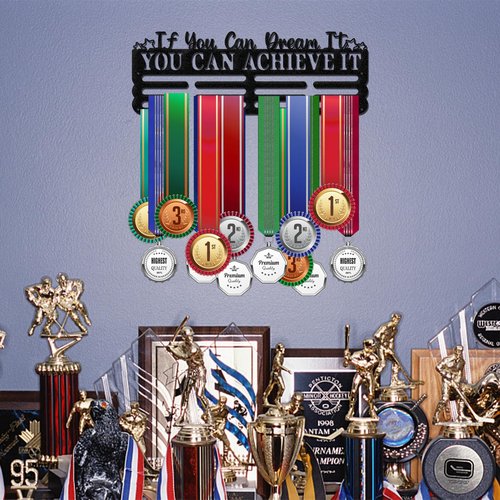 ORIGACH Motivational Saying Medal Hanger Display, If You Can Dream It You Can Achieve It Multiple Racing Wall Medal Holder Sports Medal Lanyard Ribbon Display Rack, 15.75 x 6 Inch