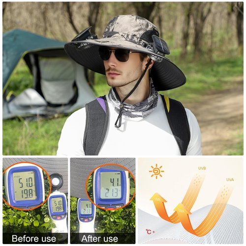 Solar Fan Hat,Wide Brim Solar Powered Fan Hat with 2 Built-in Fans,UPF 50+ Sun Hat for Outdoor Hiking Fishing Camping Green Camouflage