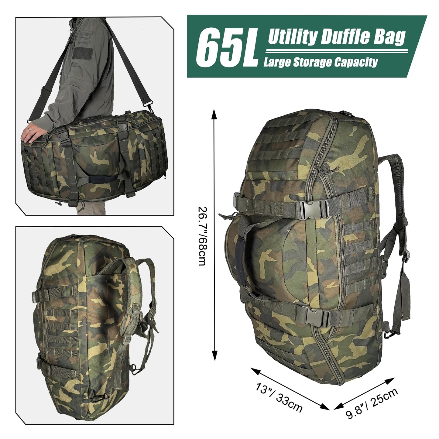 Hannibal Tactical 55L Large Duffle Bag, 3-in-1 Tactical Backpack MOLLE Pack for Sports, Gym, Outdoor, US Woodland