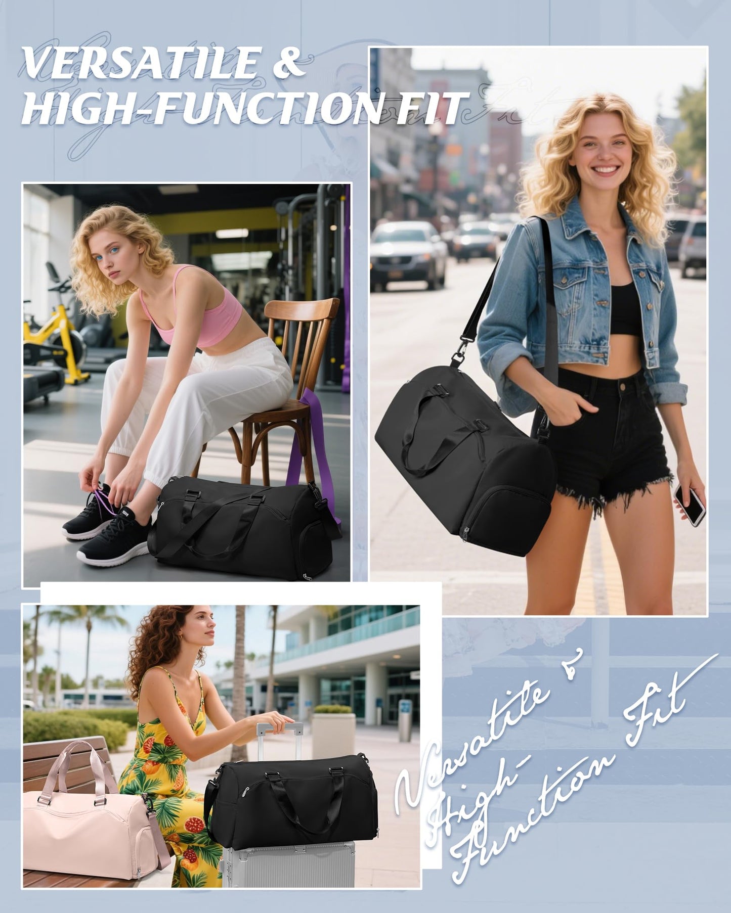 Gym Bag for Women with Shoe Compartment Lightweight Travel Duffle Bags Carry on Bag Overnight Weekender Duffel Bag with Wet Pocket Personal Item Travel Bag Tote Bag Workout Dance Bag Black