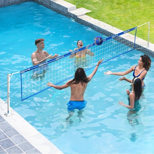 Fastoss Base Free Pool Volleyball Net Set - Deck Mounted for Inground Pools - Adjustable Heavy Duty Net with Rustproof Poles & Tear-Resistant Design - Includes 2 Waterproof Balls for Swimming Pools