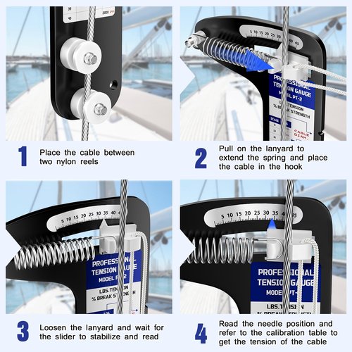 Hazztoll Sailboat Rigging Tension Gauge- PT-2 Professional Hands-Free Force Gauge, Wire Rope Standing Rigging for 3/16, 7/32, and 1/4 in Cable Diameter, 2000 lbs