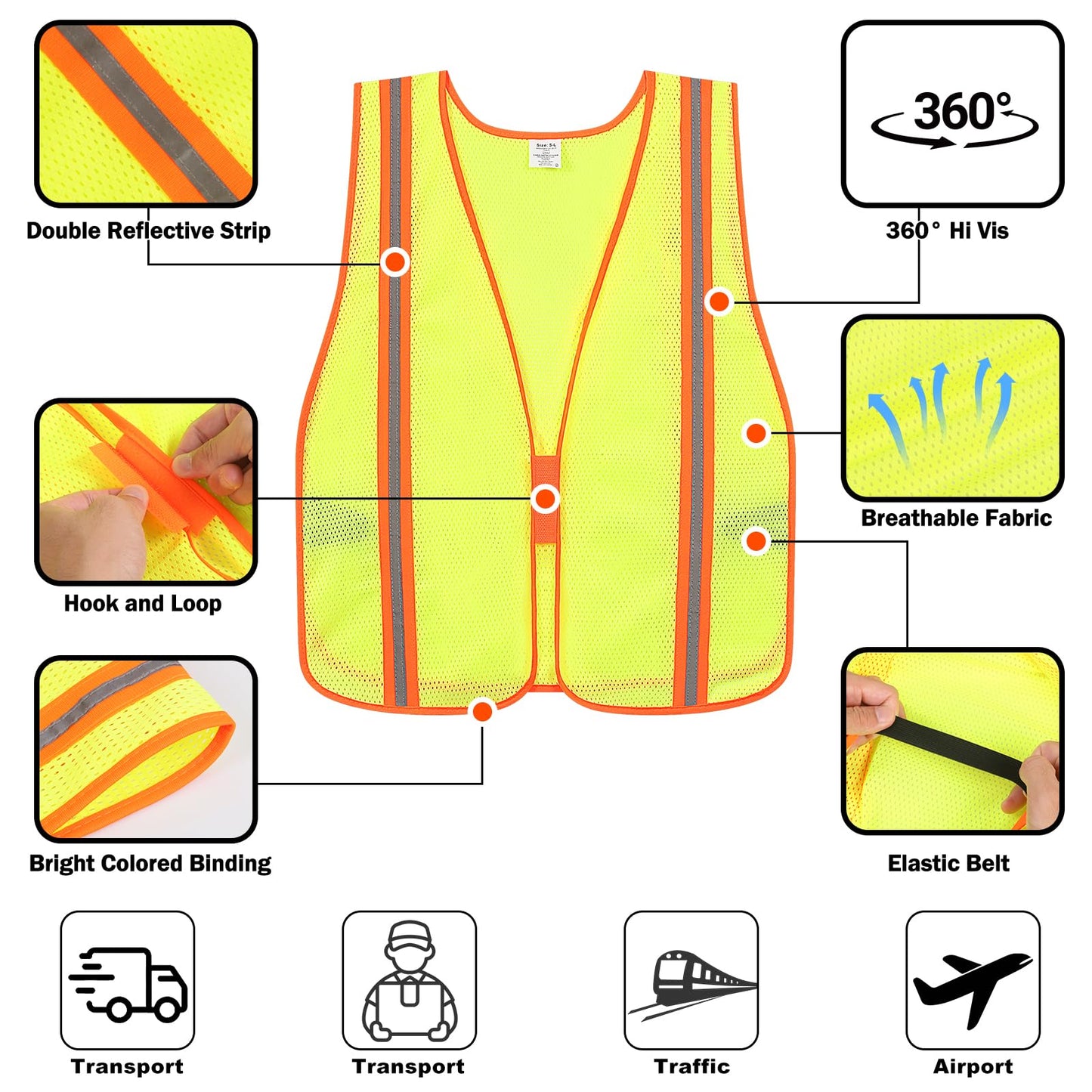 Meiosuns Reflective High Visibility Safety Vest for Men Women Class 2 Hi Vis Breathable Mesh Vests Neon Safety Jacket with Elastic Band for Construction Work Meets ANSI/ISEA Standards (Yellow, XL-3XL)