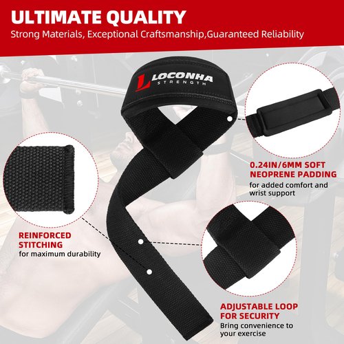 LOCONHA 2 Pair Lifting Straps for Weightlifting, Bodybuilding, Strength Training with Neoprene Cushioned Wrist Padded - 20 inch Cotton