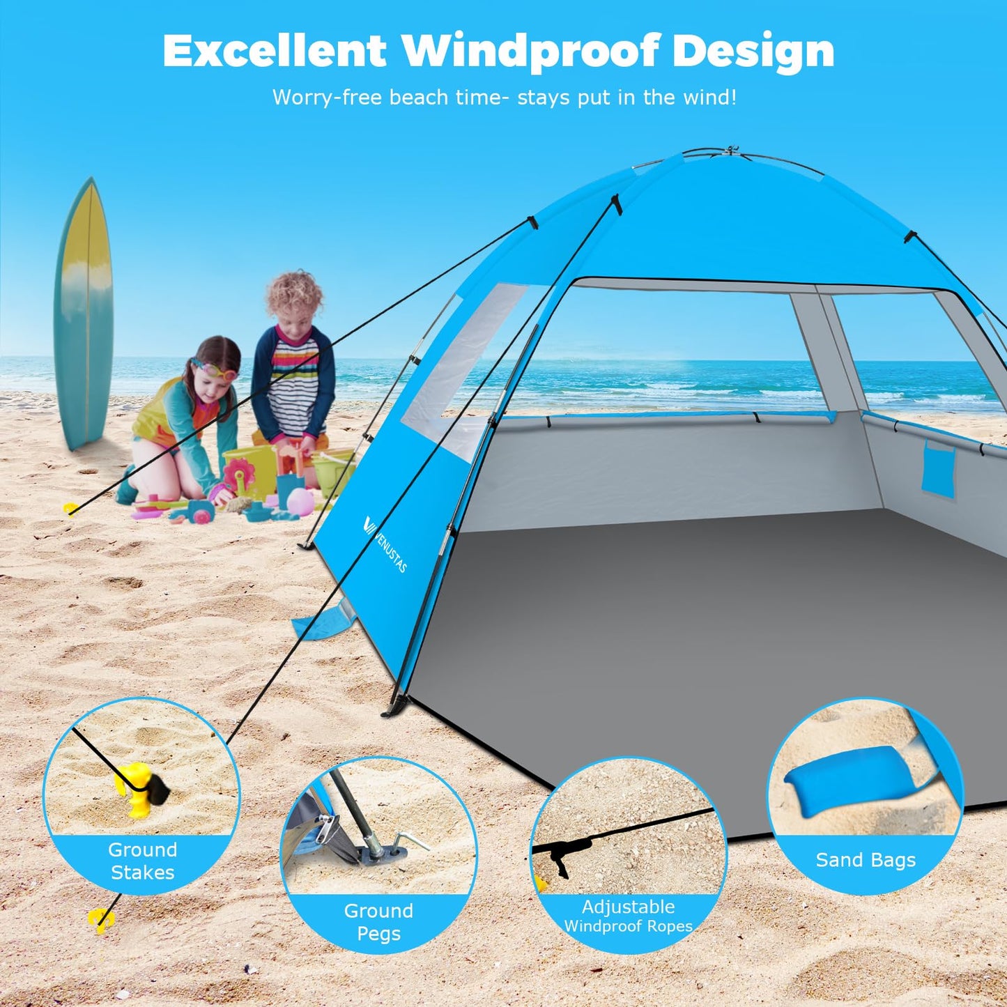 Venustas Beach Tent Sun Shelter for 3/4-5/6-7/8-10 Person, UPF 50+ UV Protection Beach Canopy, Lightweight and Easy Setup Cabana, Portable Beach Shade Tent