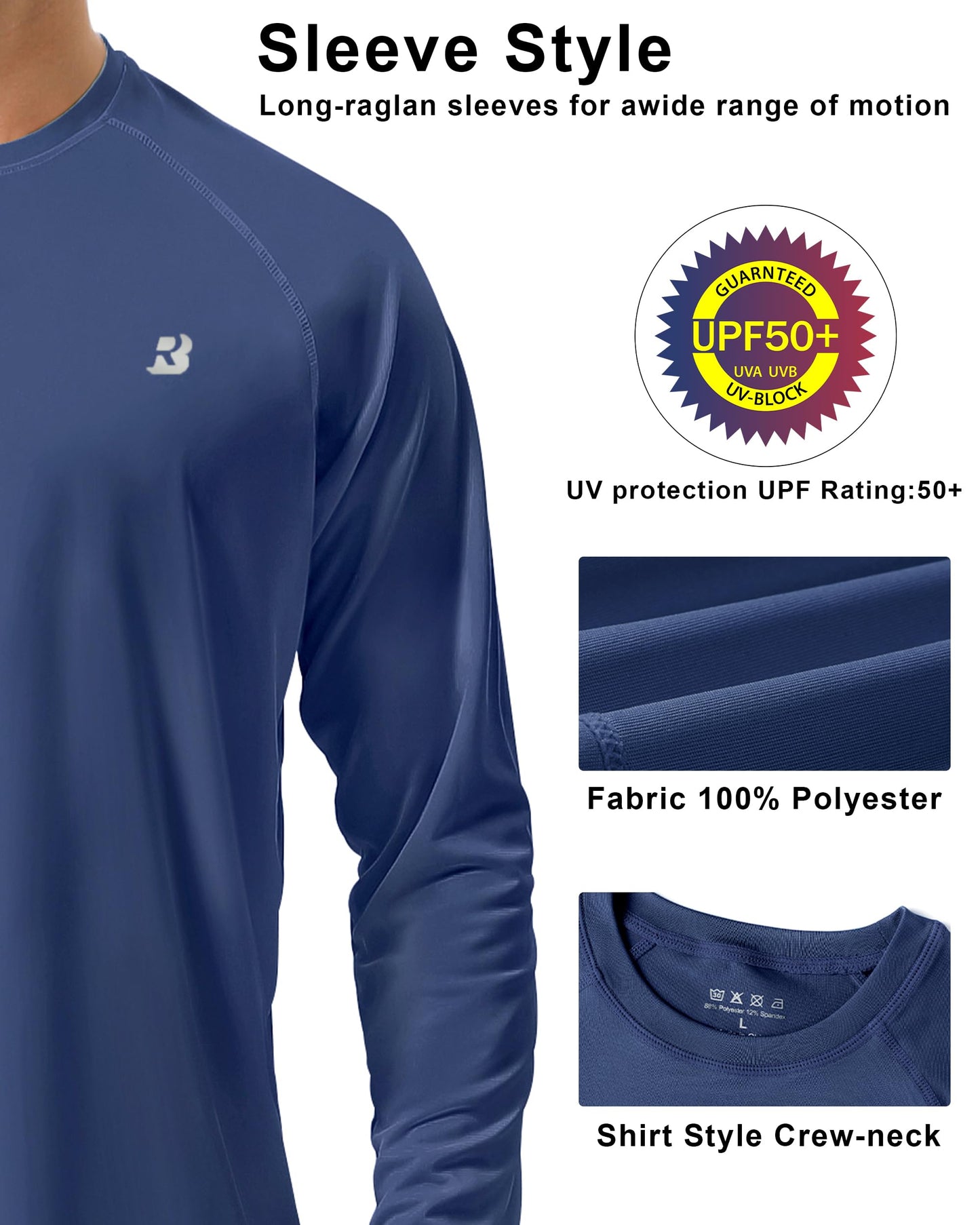 Roadbox Mens UPF 50+ UV Sun Protection Shirts Outdoor Long Sleeve SPF Diving Rash Guard for Fishing Hiking Swimming Ocean Blue