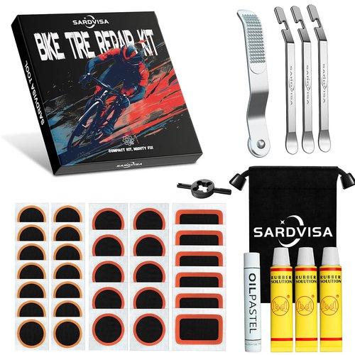 SARDVISA 40 PCS Bike Tire Repair Kit, Bicycle Inner Tube Puncture Patch Kit with 30 PCS Vulcanizing Patches & 3 PCS Stainless Steel Tire Levers, Portable Bike Tire Patch Kit for Mountain and Road Bike