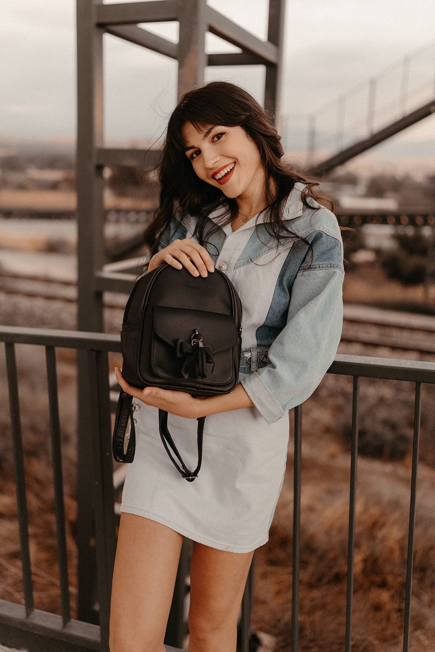 ECOSUSI Mini Backpack for Women Girls Cute Bowknot Small Backpack Purse Ladies Leather Bookbag Satchel Bag, with Charm Tassel Black