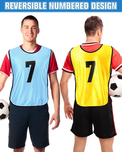 Yahenda 24 Pcs Sports Pinnies Soccer Scrimmage Practice Vests Numbered Soccer Team Pennies with Belt for Adult(Large,Gold, Sky Blue)