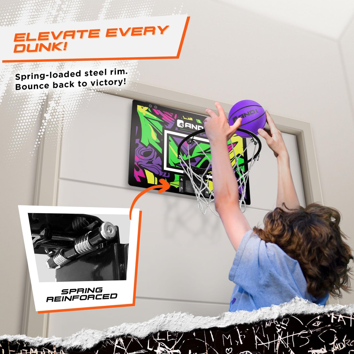 AND1 Over the Door Mini Basketball Hoop: 18x12 Shatterproof Backboard, 2 Mini Basketballs, and Hand Pump Included- Ultimate Indoor Basketball Accessory for Kids and Adults, No Tools Required