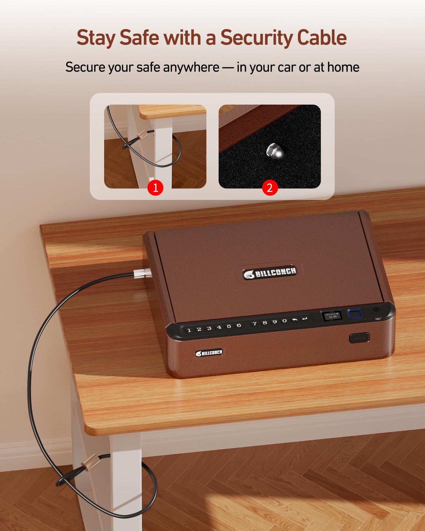 BILLCONCH Smart Gun Safe with Security Cable - Biometric Gun Safe for Handgun 4 Ways Quick Access with Fingerprint/Keypad/Key/APP Lock for Bedside Home Car with LCD/Voice Guide - Brown